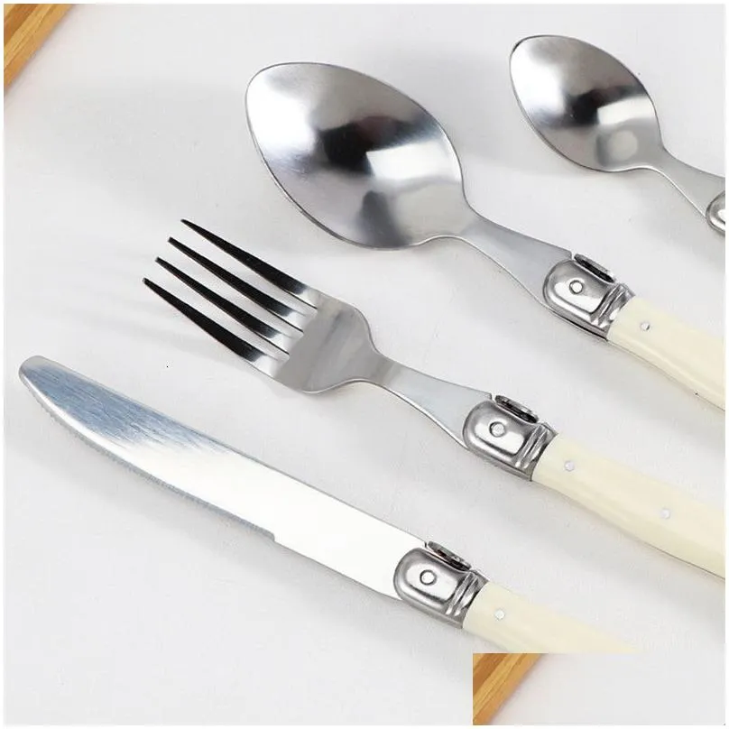 Dinnerware Sets 4/6/24Pcs Laguiole Sierware Steak Knives Forks Spoons Teaspoon Set Stainless Steel Ivory White Plastic Handle Kitchen Dhmi6