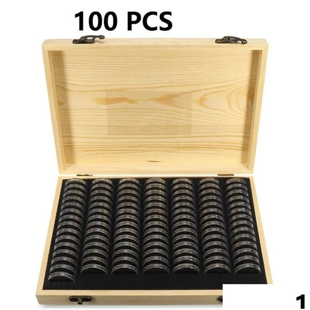 Storage Boxes & Bins Pine Wood Coin Holder Coins Ring Wooden Storage Box 20/30/50/100Pcs Capses Accommodate Collectible Commemorative Dhvjp