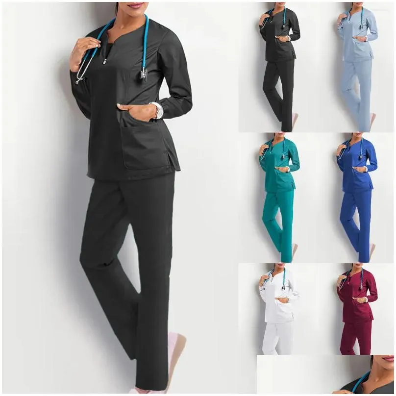 Women`S Two Piece Pants Womens Two Piece Pants Scrubs Women Working Uniform Pocket Long Sleeves Medicaled Clothing Tops Two-Piece Set Dhtpc