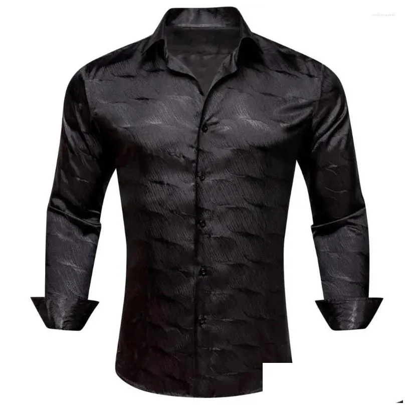 Men`S Casual Shirts Mens Casual Shirts Luxury Silk For Men Satin Black Solid Long Sleeve Slim Fit Regualr Male Blouse Formal Tops Bar Dhkb6