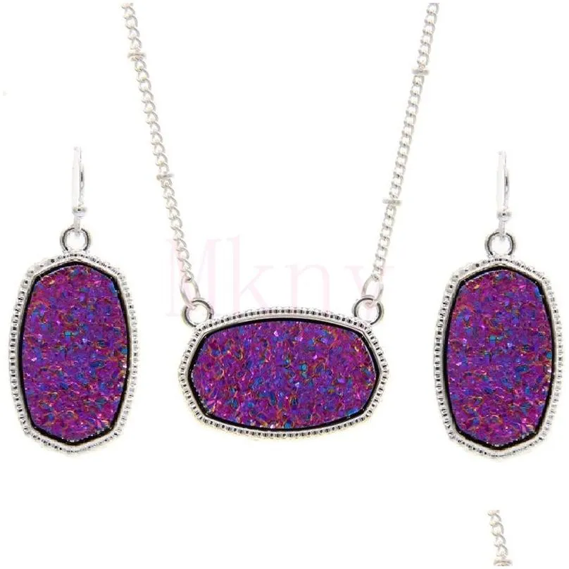 Earrings & Necklace Oval Style Resin Drusy Druzy Sier Necklace Earings Luxury Designer Jewelry Set For Women Wedding Party Gift Chris Dhomp