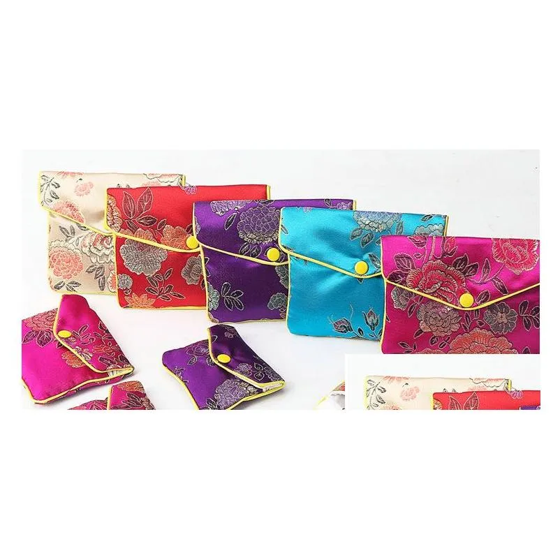 Jewelry Pouches, Bags 30Pcs 5 Colors Floral Zipper Coin Purse Pouch Fashion Gift Bags For Jewelry Silk Bag Chinese Credit Card Holder Dh4Au
