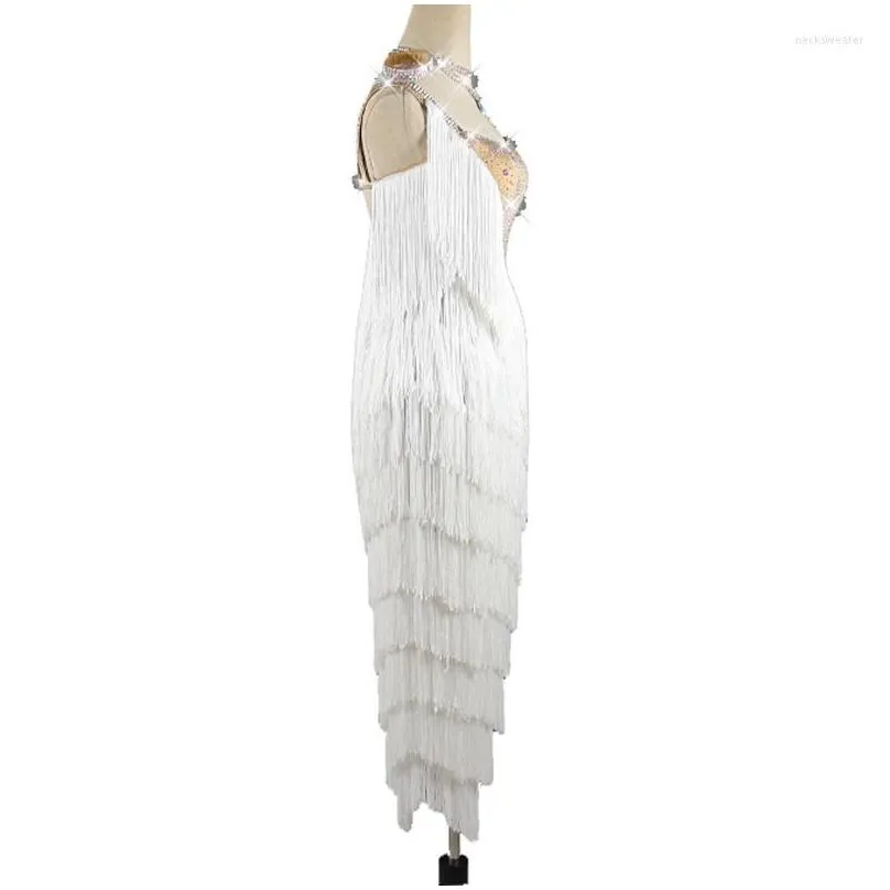 Stage Wear Latin Dance Dress White Fringe Women Competition Swing Skirt Rumba Dancing Costume Bl3139 Drop Delivery Dhkw5