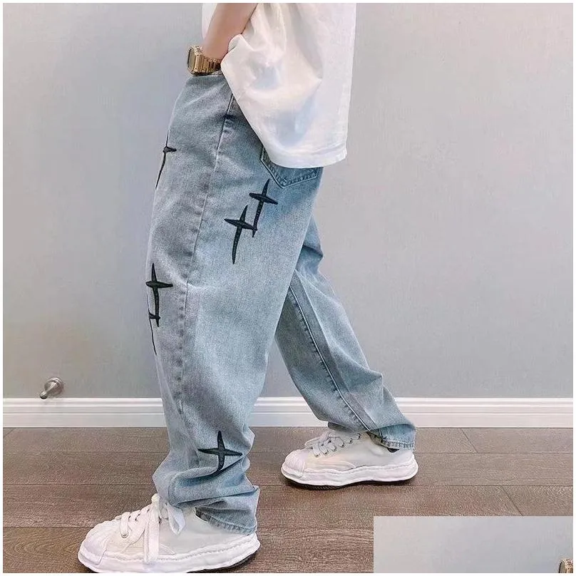 Men`S Jeans Cross Embroidery Retro Washed Men Baggy Jean Trousers Vibe Style Hip Hop Died Vintage Denim Pants Pantalons Capris Drop D Dhxki