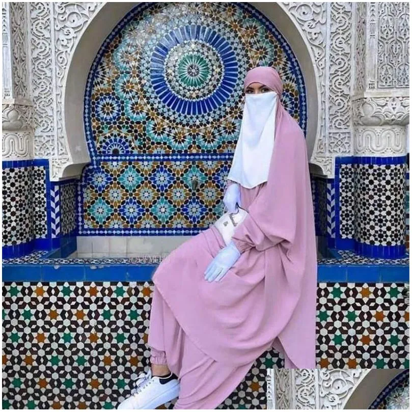Ethnic Clothing Ramadan Eid Muslim Abayas For Women 2 Pieces Prayer Garment Jilbab With Pants Abaya Set Islamic Clothes Long Khimar S Dhu3N