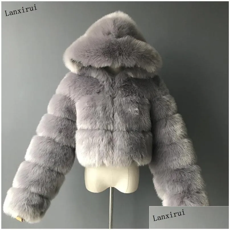 Women`S Fur & Faux Fur High Quality Furry Cropped Faux Fur Coats And Jackets Women Fluffy Top Coat With Hooded Winter Jacket Manteau D Dhghp