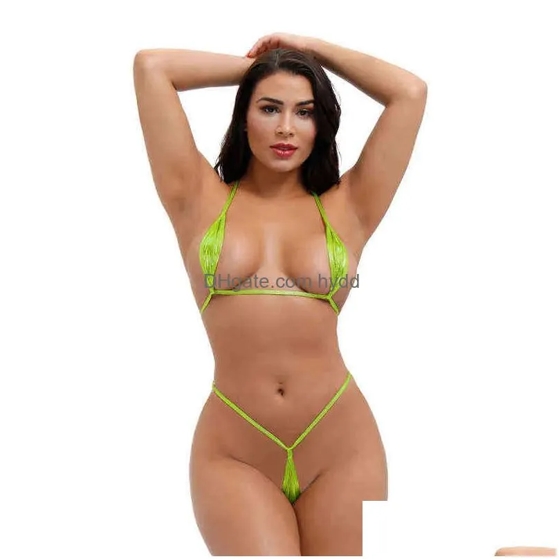 Bikinis Set Micro Bikini Plus Size Swimwear Women Swimsuit Biquini Patent Leather Bronzing Halter String Lace Thong Nightclub Drop D Dhtmu