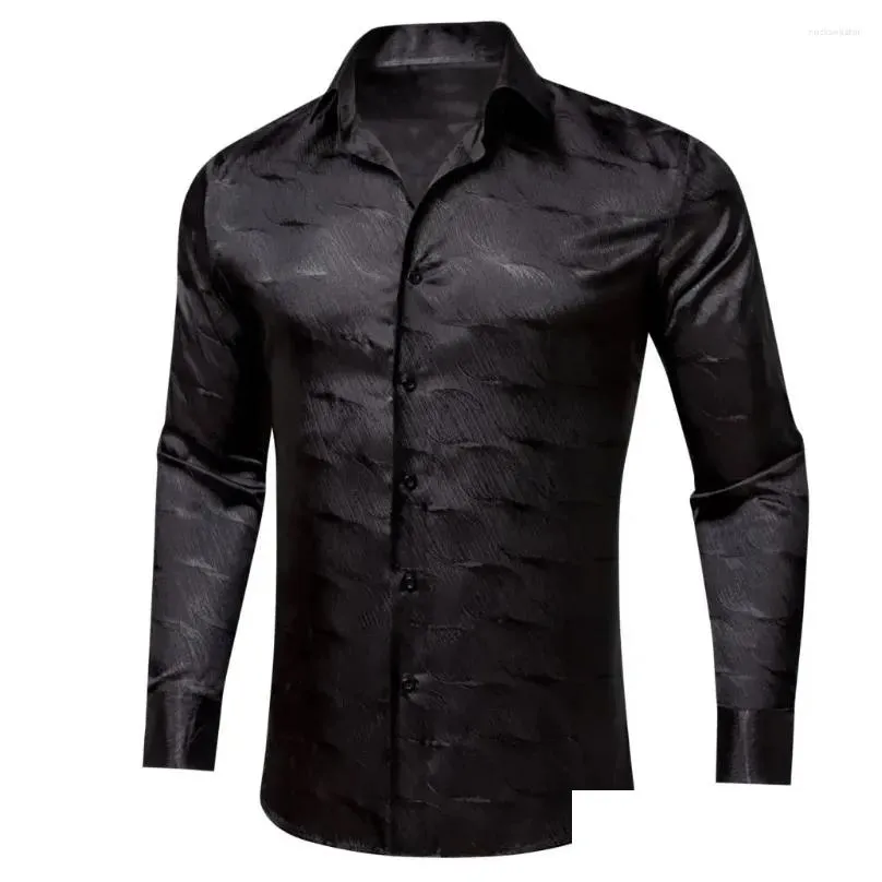 Men`S Casual Shirts Mens Casual Shirts Luxury Silk For Men Satin Black Solid Long Sleeve Slim Fit Regualr Male Blouse Formal Tops Bar Dhkb6