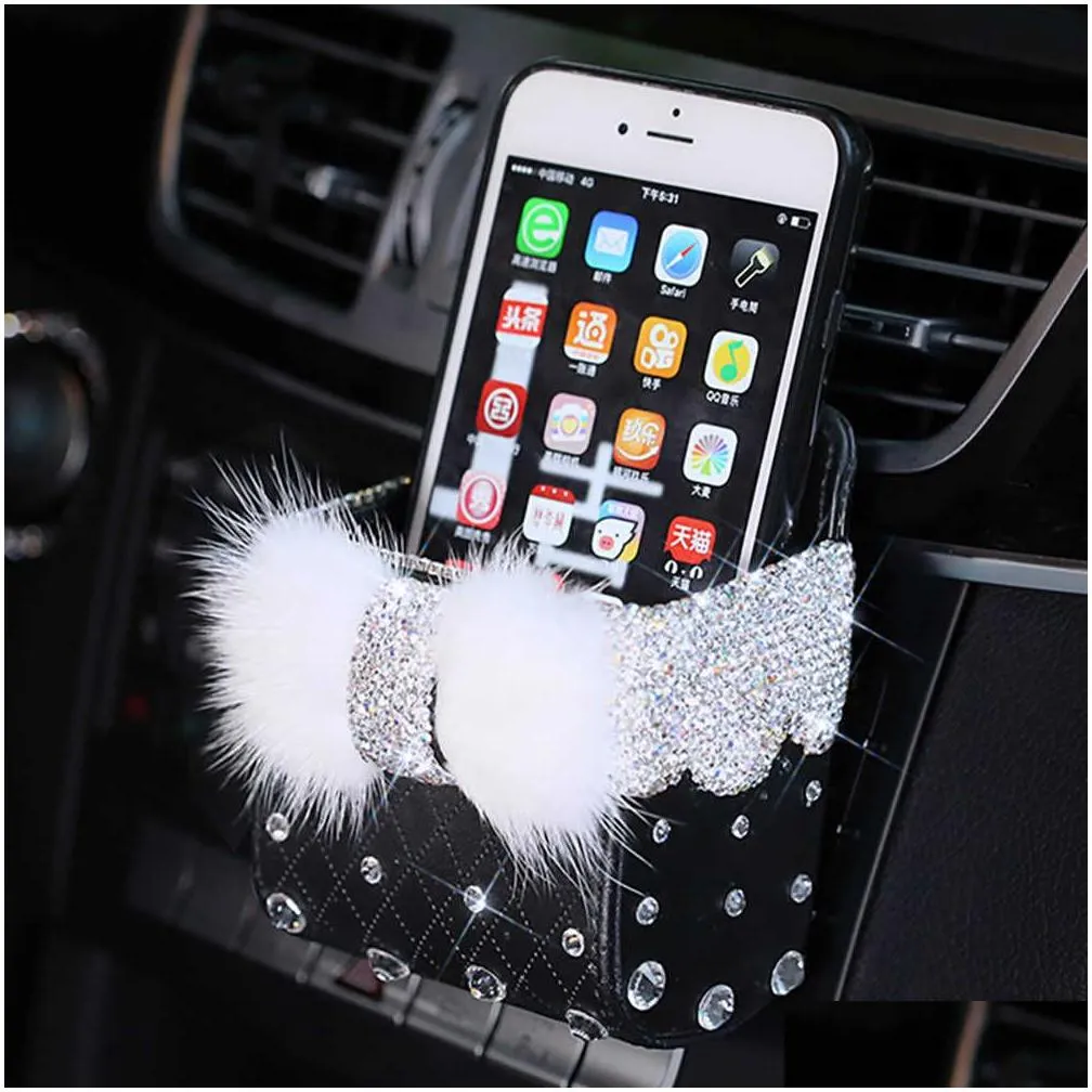 Interior Decorations New Crystal Bowknot Car Storage Box Air Outlet Vent Bag Holder Organizer Phone Package Bling Accessories For Drop Dhhg1