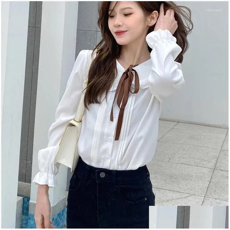 Women`S Blouses & Shirts Womens Blouses Korean Fashion Loose Women White Blouse Elegant Casual Chiffon Shirt Woman Long Sleeve Sweet Dhinl
