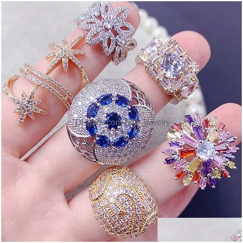 plated colors gem lady fashion band rings exaggerated rhinestone ring mix different style and size 16-20