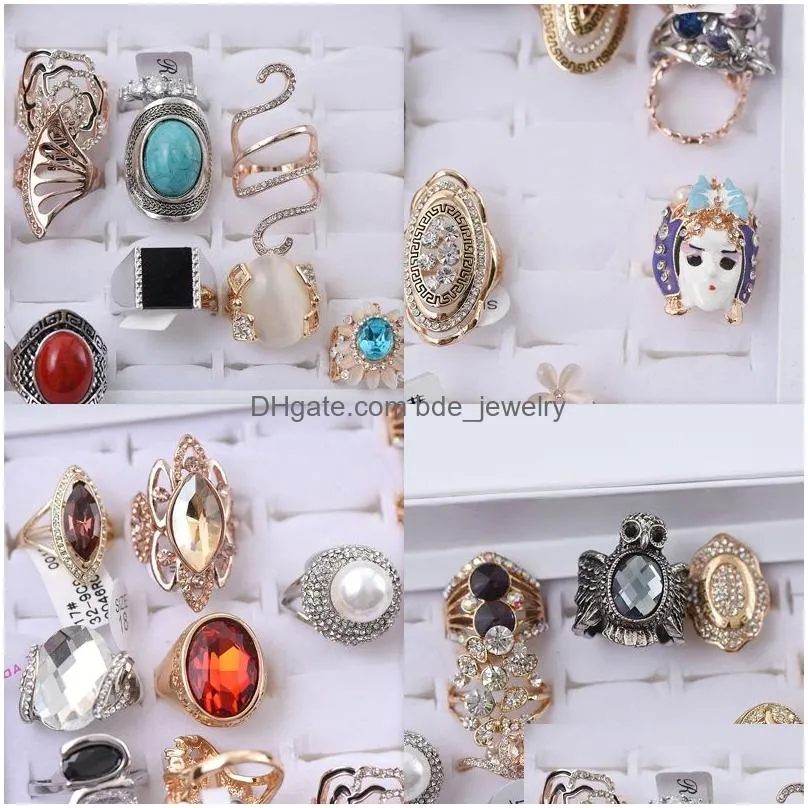 gold and silver plated gemstone alloy ring with rhinestones women fashion pearls rings micro insert mix different models