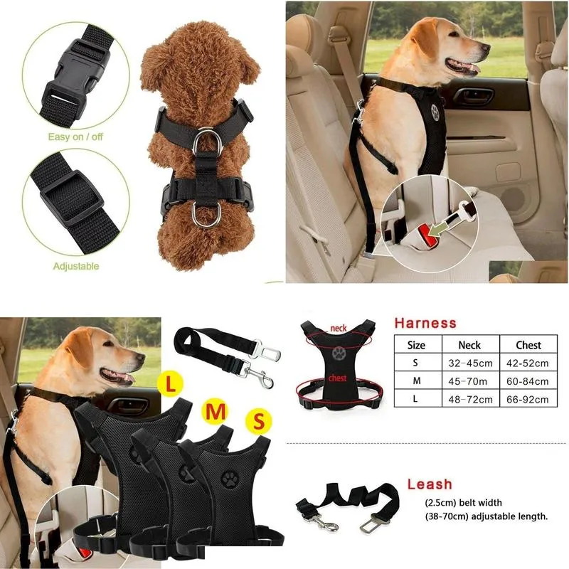 Dog Collars & Leashes Air Mesh Puppy Pet Dog Car Harness Seat Belt Clip Lead Safety For Travel Dogs Mti-Function Breathable Supplies 2 Dhmps