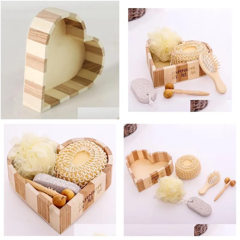 Bath Brushes, Sponges & Scrubbers Promotional Wood Heart-Shaped Gift Box 6Pcs Bath Accessory Sisal Sponge /Comb Wooden/ Mas Brush/ Spa Dh0Pm