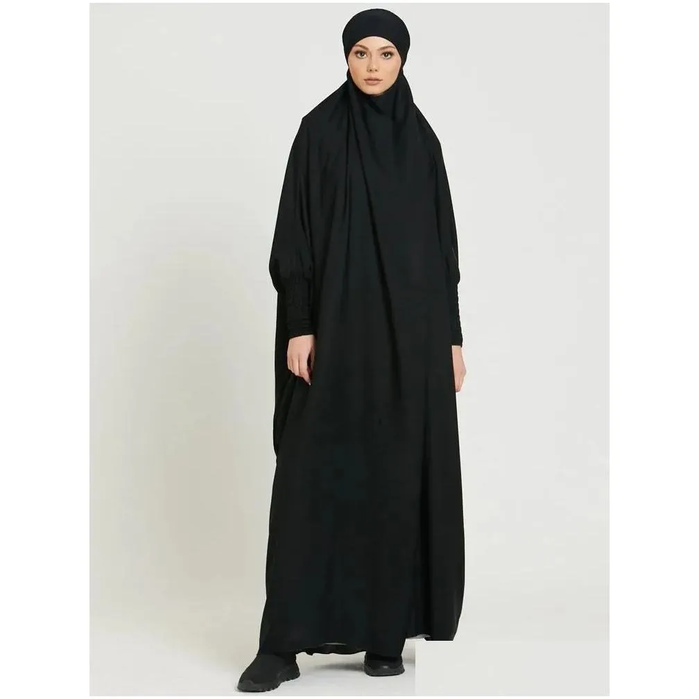 Ethnic Clothing Muslim Women Jilbab One-Piece Prayer Dress Hooded Abaya Smocking Sleeve Islamic Dubai S Black Robe Turkish Modesty Dr Dht61