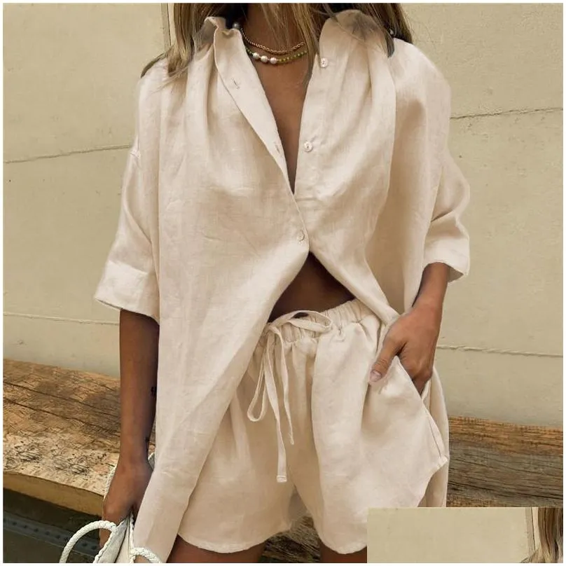 womens tracksuits women lounge wear shorts set short sleeve shirt tops and loose mini suit two piece cotton linen summer tracksuit