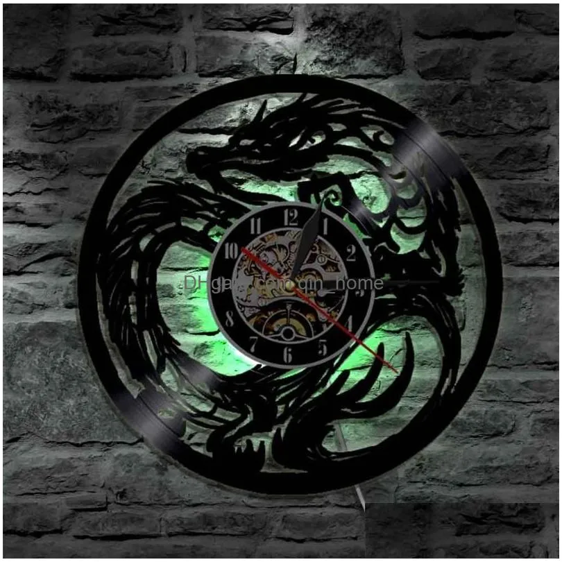 wall clocks dragon art clock battery operated modern design record with led lamp home living room decoration