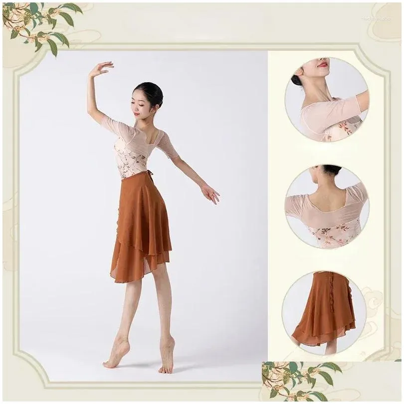 Stage Wear Ballet Dance Leotards For Women Mid Sleeve Floral Pattern Classical Swimwear Strap Irregar Apron Skirts Set Drop Delivery Dhzqo