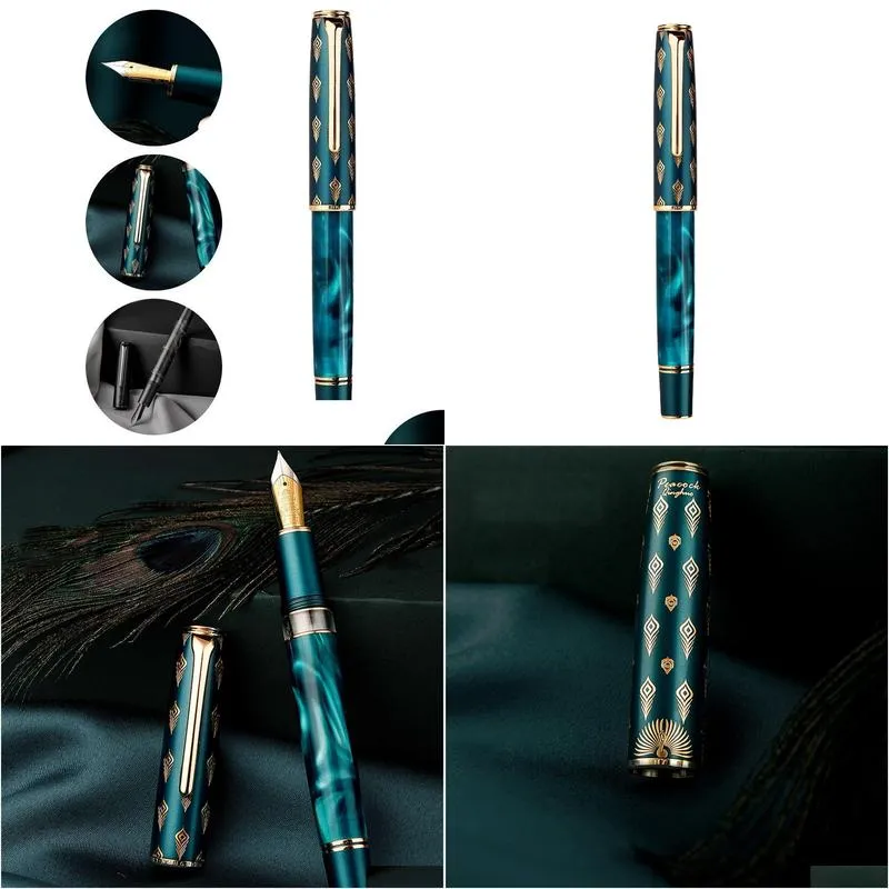 Fountain Pens Wholesale Fountain Pens Hongdian N7 Resin Piston Beautif Green / Gray Peacock Totem Cap Ef/F 0.4/0.5Mm Smooth Writing Of Dhwam