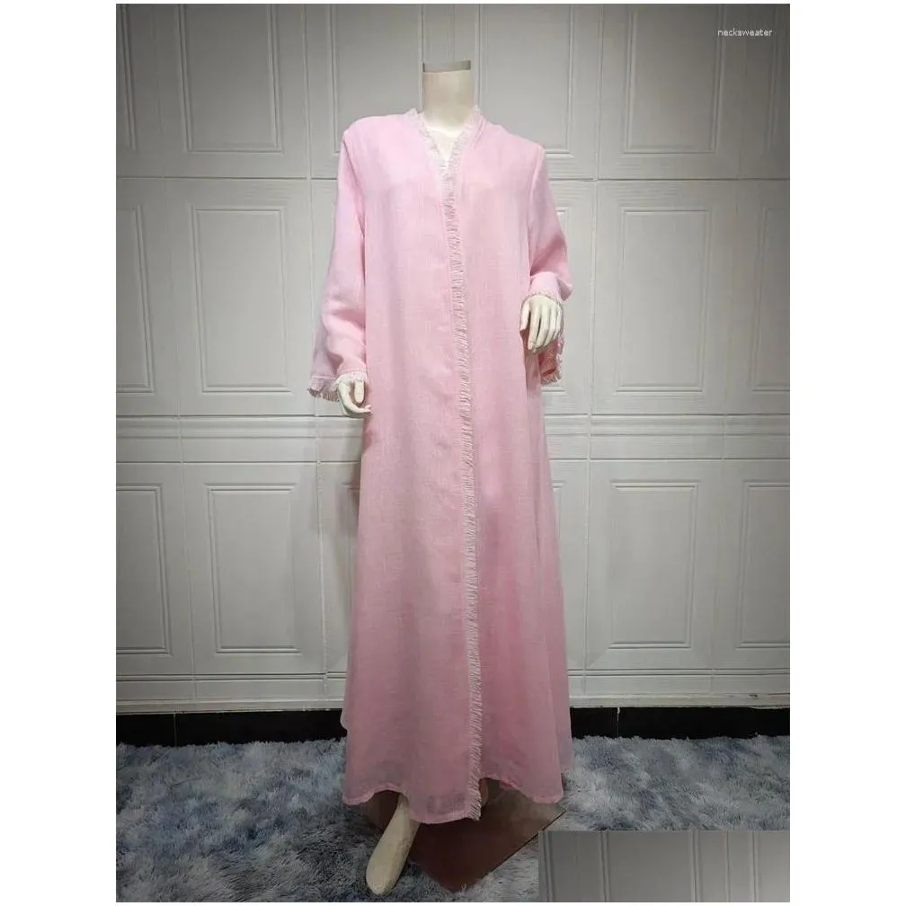 Ethnic Clothing Ramadan Pink Open Kimono Abaya Prayer Clothes Women Kaftan Arabic Turkey Islam Muslim Dress Kebaya Robe Djellaba Drop Dhjhn