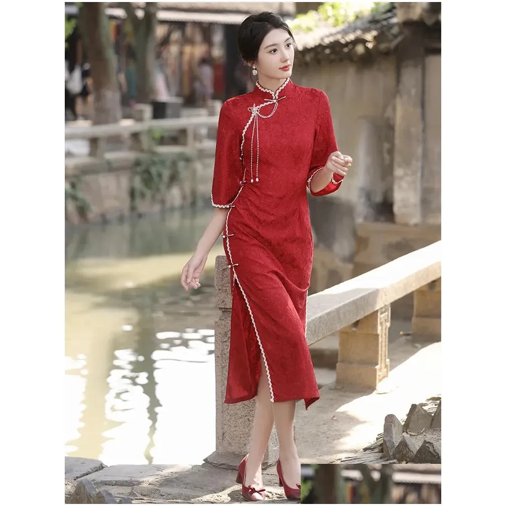 Ethnic Clothing Fzslcyiyi Red Vintage Flare Sleeve Chiffon Women Qipao Chinese Mandarin Collar Femme Lace Cheongsam Drop Delivery Dhxwz