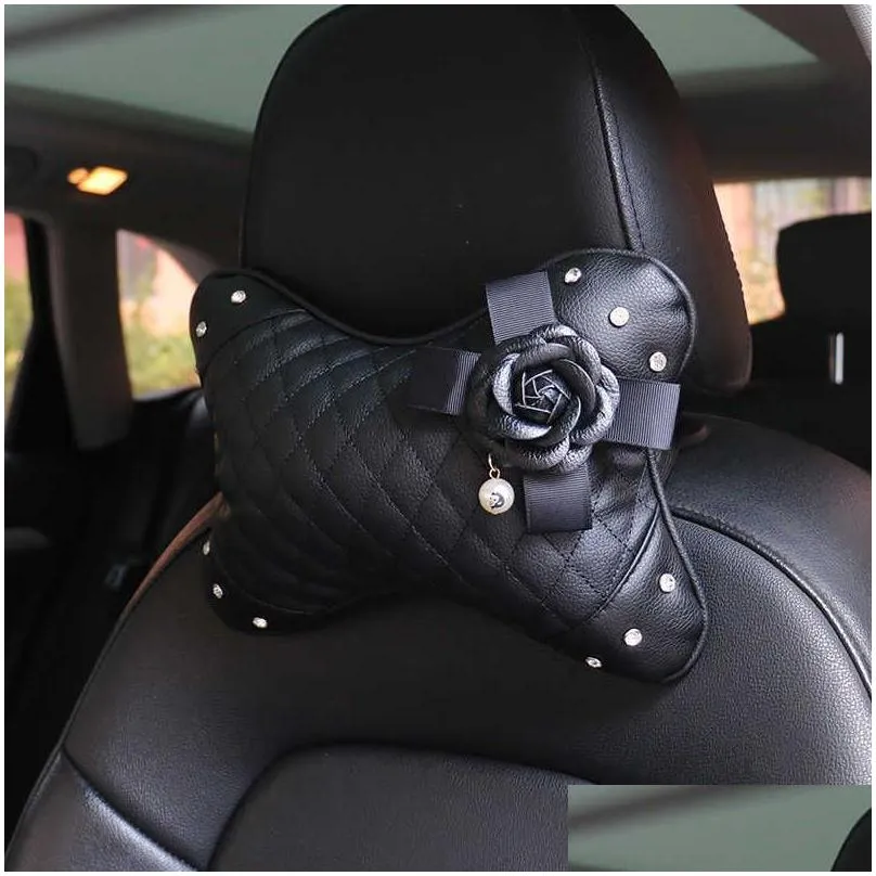 Seat Cushions New Pearl Black Camellia Flower Car Accessories Crystal Rhinestone Interior Decoration Leather Steering Wheel Er Seat Pi Dh9Qm