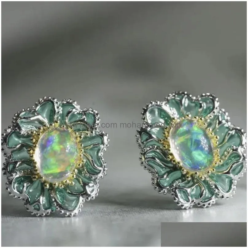 stud earrings imitation color opal enamel drop glue flower little  green advanced sense temperament design jewelry gift