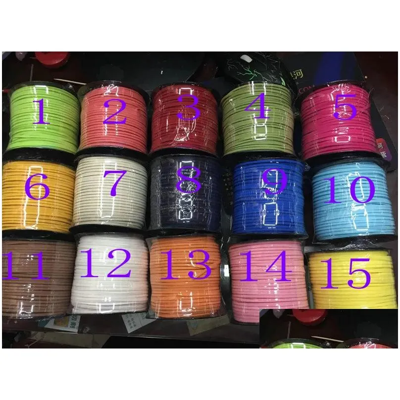 Cord & Wire 15 Colors 95M M X 1.5Mm Mticolor Flat Faux Suede Korean Veet Leather Necklace Cord Diy String Rope Thread Lace Jewelry Mak Dhqyz