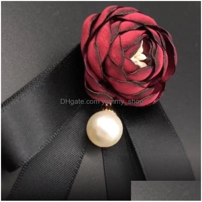 designer retro rose pearl flower brooches black bow tie blouse collar pin clothing boutonniere 6 colors fashion accessories women