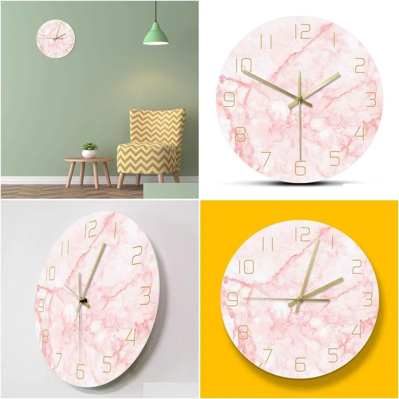 Wall Clocks Natural Pink Marble Round Wall Clock Silent Non Ticking Living Room Decor Art Nordic Minimalist Drop Delivery Home Garden Dhuyh