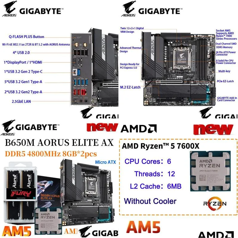 Monitors Gigabyte B650M Aorus Elite Ax Am5 Motherboard Amd Ryzen 5 7600X Cpu Ddr5 4800Mhz 8Gb X2Pcs Ram Set Combo M.2 Mainboard New Dr Dheyn
