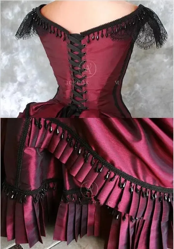 Burgundy Goth Victorian Bustle wedding dresses 2024 Vintage Beaded Lace-up Back Corset Top Gothic Outdoor Bride Wedding Gown