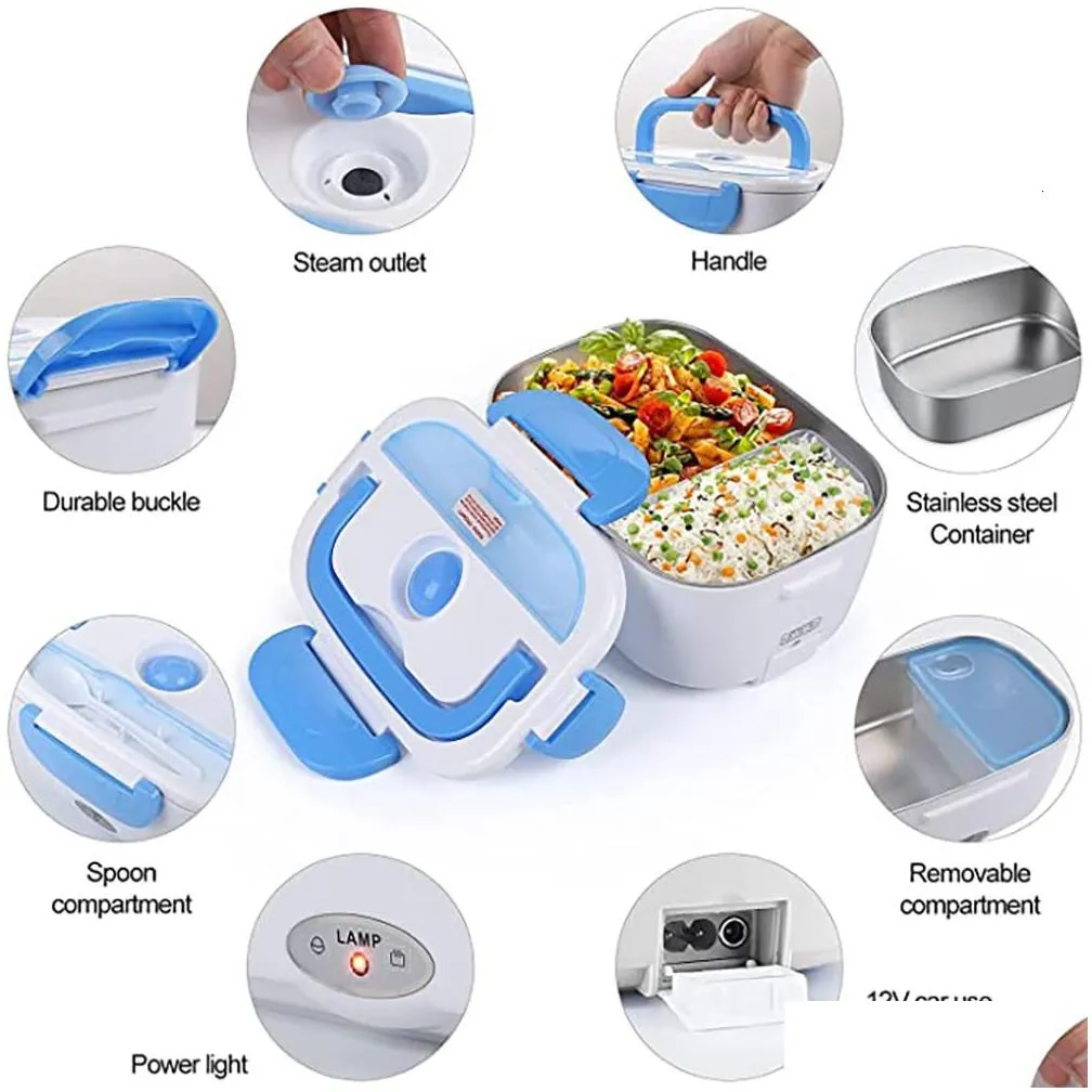 Bento Boxes Portable Electric Heated Lunch Box Carhome 2-In-1 12V-24V 110V Stainless Steel Lined Food Container Drop Delivery Dhagr