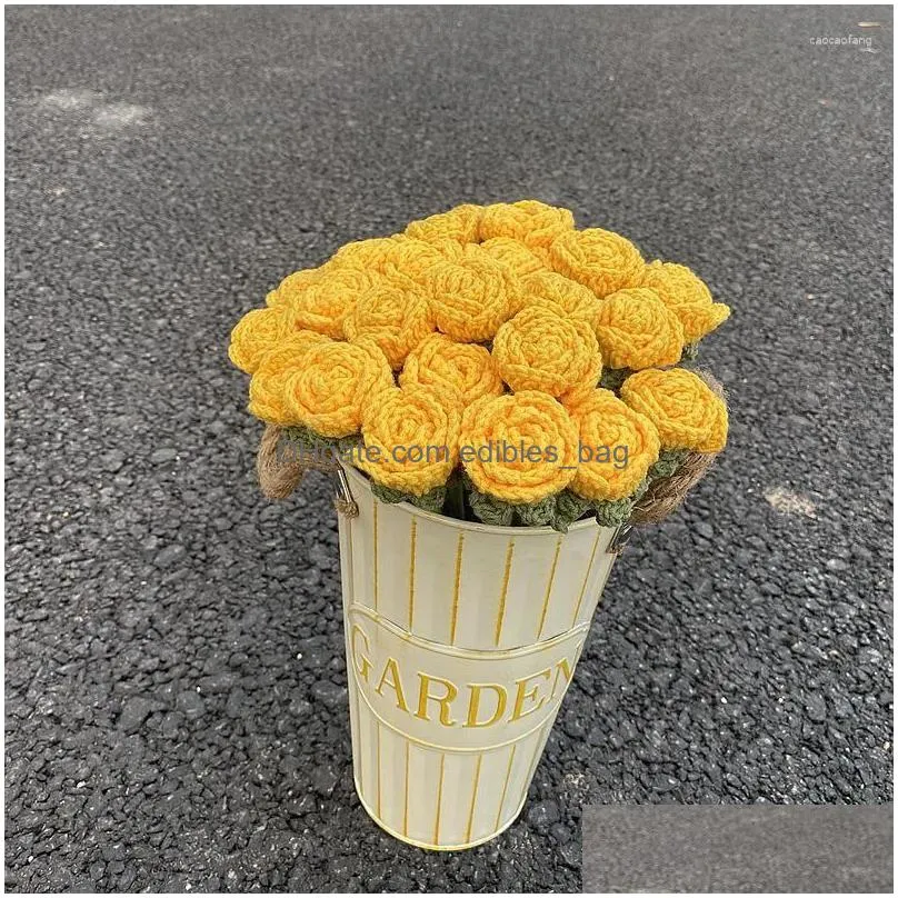 decorative flowers knitted rose flower single bouquet artificial wedding party decoration hand woven fake finished ornaments