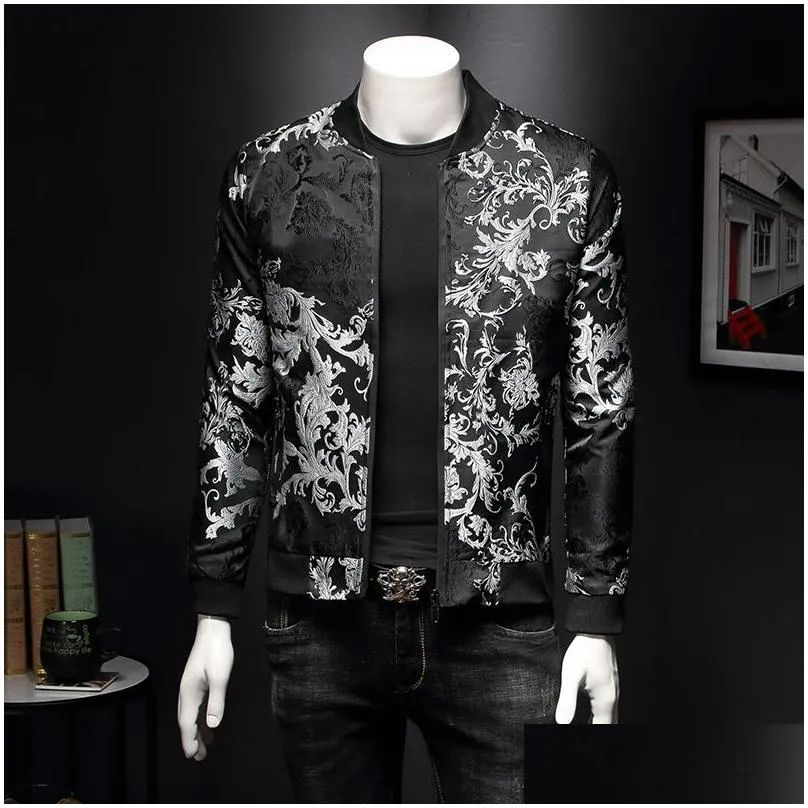 Men`S Jackets Fashion Mens Floral Jackets Embroidery Flower Stylish Bomber Jacket Men Zipper Pocket Outerwear Coat Male Slim Fit Drop Dh9Vw