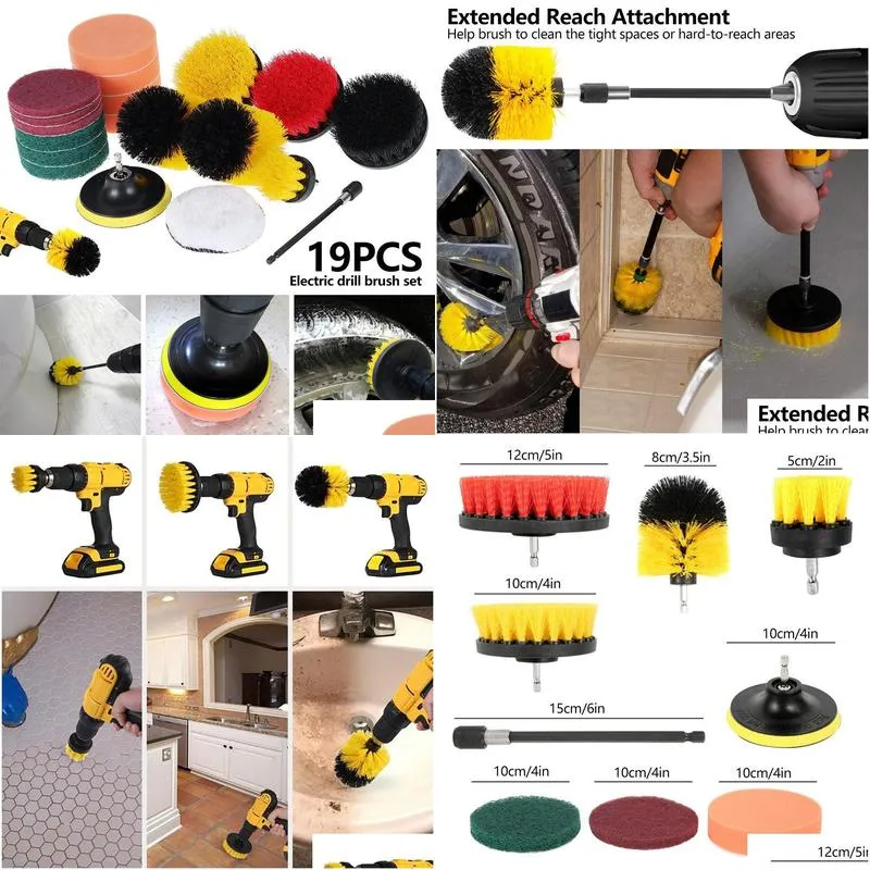 Cleaning Brushes 19Pcs Drill Brush Attachments Set Electric Scrub Pads Grout Power Drills All Purpose Scrubber Cleaning Tools 210329 D Dhzt7