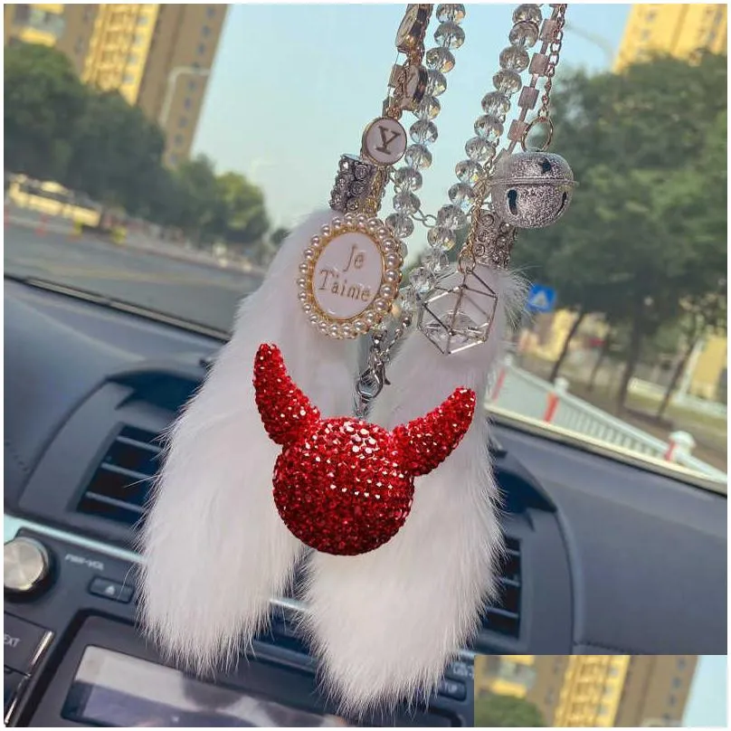 Other Interior Accessories New Rhinestone Crystal Fl Ball Car Pendant Cute Cartoon Devil Head Bling Mirror Hanging Accessories Girls F Dhugv