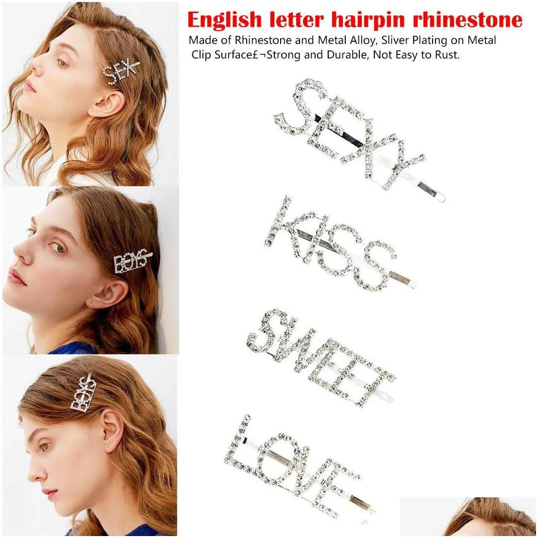 Headband Newest Hairpin English Letter Barrette Rhinestone Alloy Personality Word Women Girls Hair Clips Hairclip Accessories 40 Style Dh2Dc