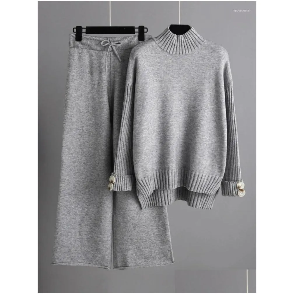 Women`S Two Piece Pants Womens Two Piece Pants 2023 Autumn Winter Pant Sets Women Half High Neck Knit Sweater Thicken Plover Loose So Dhfoz