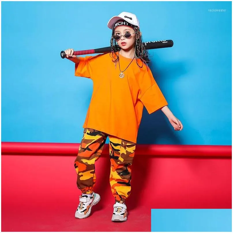 Stage Wear Kid Hip Hop Clothing Plain Oversized T Shirt Top Camouflage Tactical Cargo Jogger Pants For Girl Boy Jazz Dance Costume Dr Dhgrw