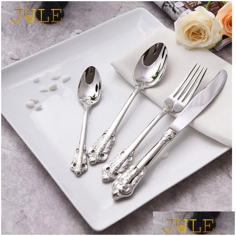 Dinnerware Sets Vintage Western Cutlery 24Pcs Dining Knives Forks Teaspoons Set Stainless Steel Luxury Dinnerware Engraving Tableware Dhbhi