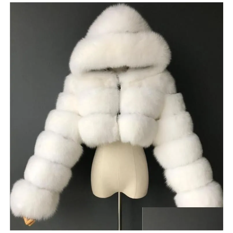 Women`S Fur & Faux Fur High Quality Furry Cropped Faux Fur Coats And Jackets Women Fluffy Top Coat With Hooded Winter Jacket Manteau D Dhghp