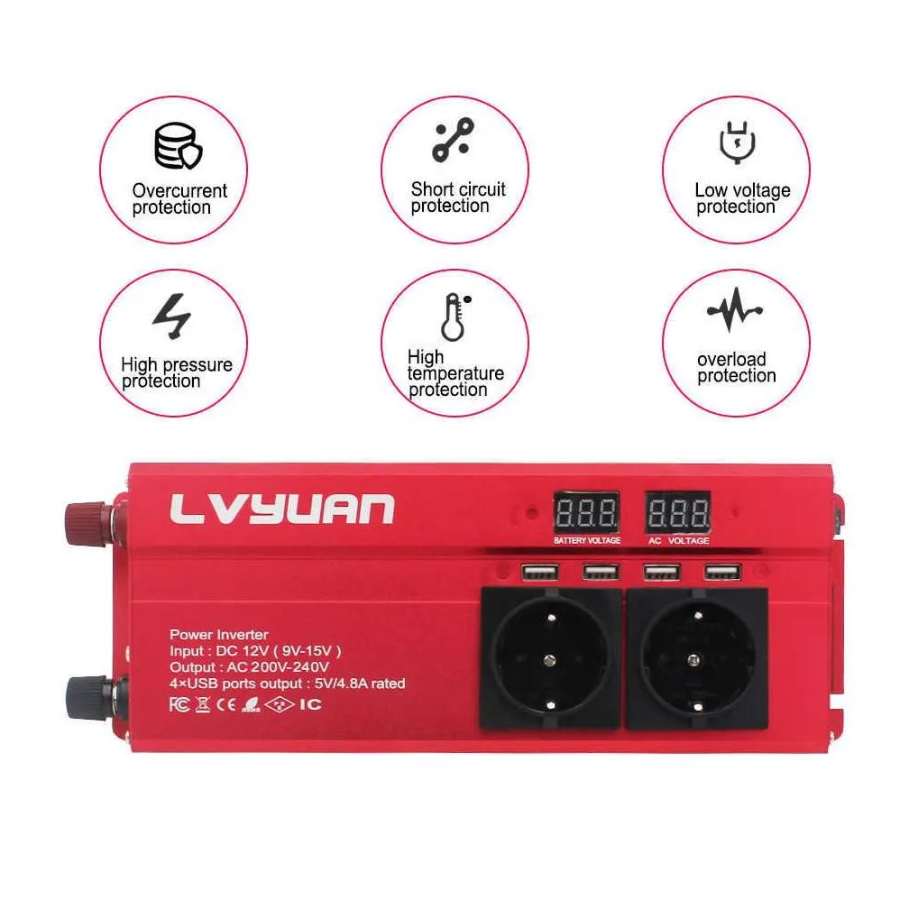 Transformer & Inverter 2000W Car Power Inverter Transformer 12 V 220 Eu Plug 3Ac Outlets 4 Usb Converter Solar Inversor For Drop Deliv Dhwxf