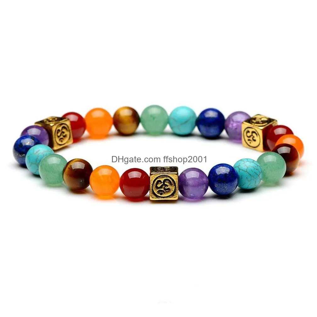 fishion 7 chakra natural stone bracelet square alloy yoga reiki energy stone bangle 8mm charms bracelets women jewelry
