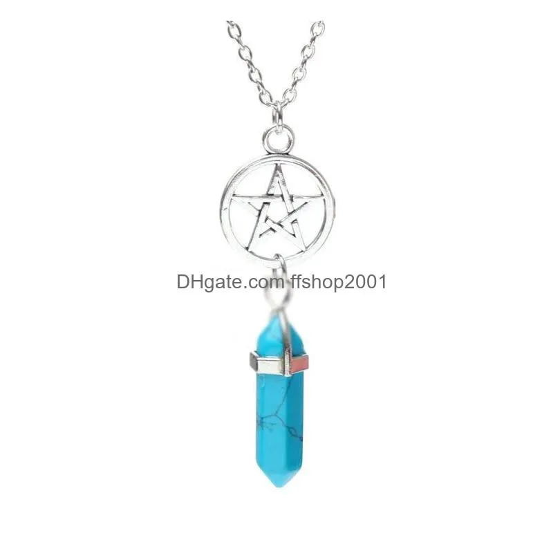 pentacle bullet natural stone pendant necklace jewelry hexagon prism star point healing crystal amethyst rose quartz chakra necklaces