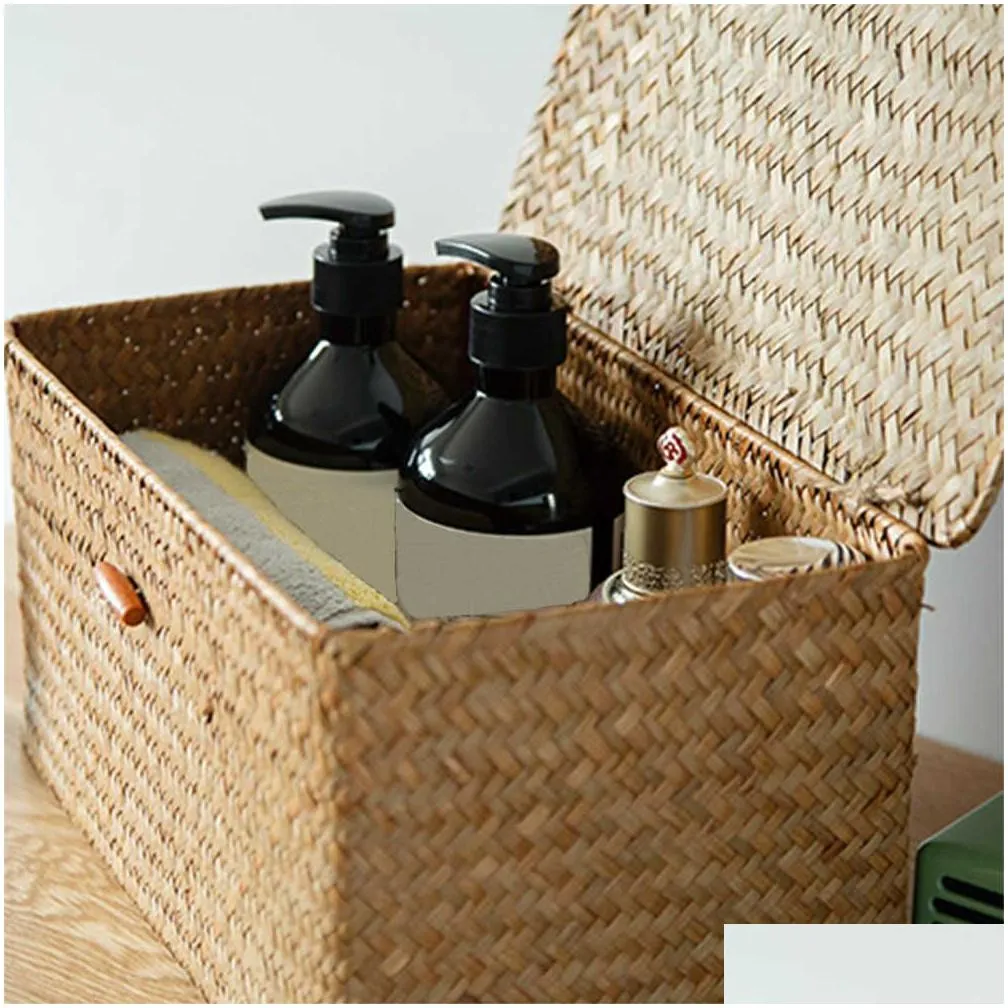 Storage Baskets Woven Storage Basket With Lid Rattan Sundries Box Wicker Handmade Sorting Boxes Seagrass Jewelry Organizer 210609 Drop Dhr6C