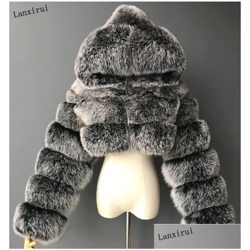 Women`S Fur & Faux Fur High Quality Furry Cropped Faux Fur Coats And Jackets Women Fluffy Top Coat With Hooded Winter Jacket Manteau D Dhghp