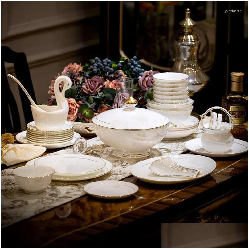 Dishes & Plates Plates European Style Complete Tableware Set Bowl Bone China Luxury Wedding Pratos De Jantar Dinner Service Drop Deliv Dh18W