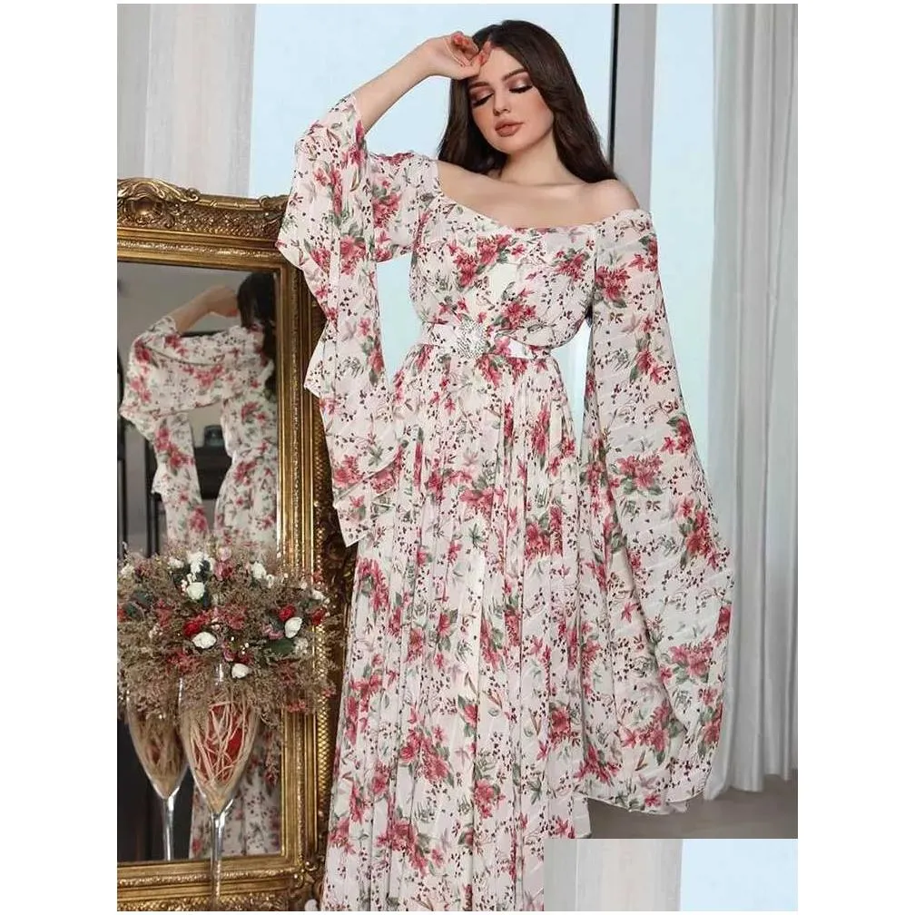 Ethnic Clothing Fashion Off Shoder Pink Floral Long Dress For Women Summer 2023 Chiffon Print Belted Pleated Dresses White 2Xl Drop D Dhds1