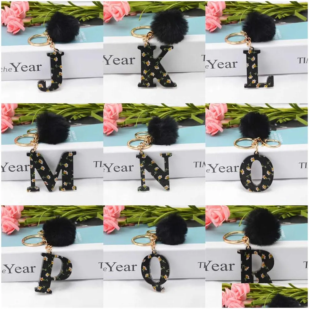 Car Key New A-Z Letters Keychian Acrylic Initials Key Ring With Black Fluffy Pompom Pendant For Women Girls Purse Handbags Accessories Dhwfu